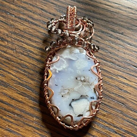 Dendritic Opal smoky quartz wire wrap wrapped pendant copper handmade artisan - Picture 5 of 16